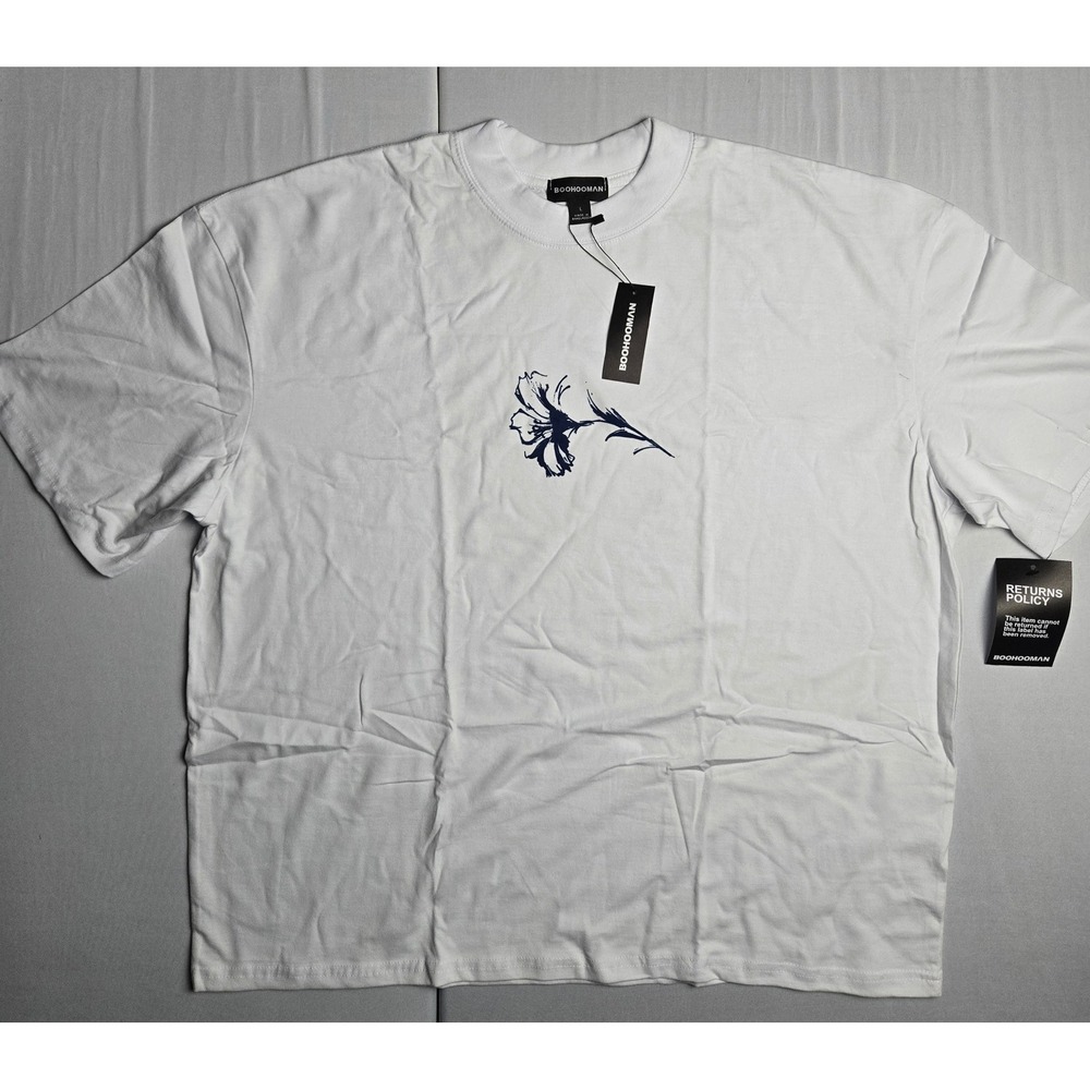 BoohooMAN Mens Oversized White T-Shirt Blue Floral Graphic Crew Neck Size L NEW